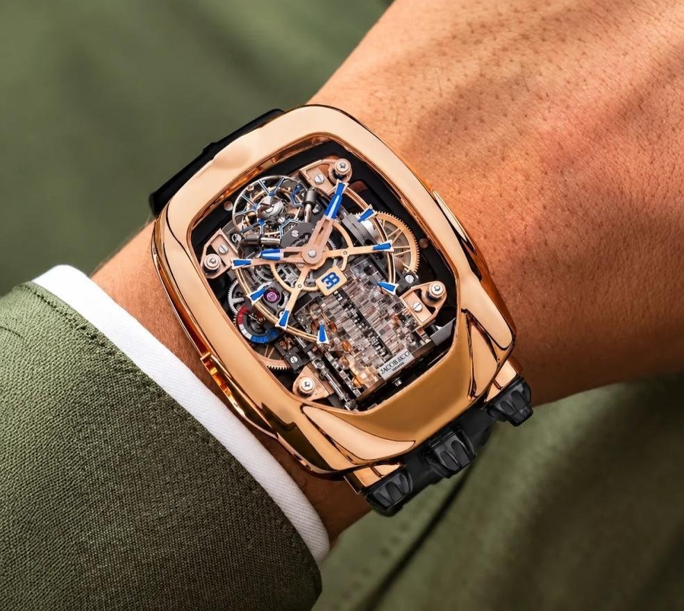 Das lineare Uhrwerk ist dem 16-Zylinder-Motor des Bugatti Chiron nachempfunden.